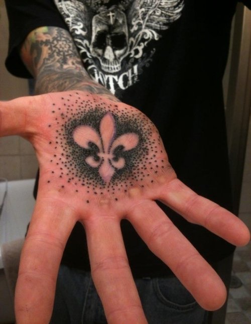 Black Dotwork Fleur De Lis Tattoo On Palm